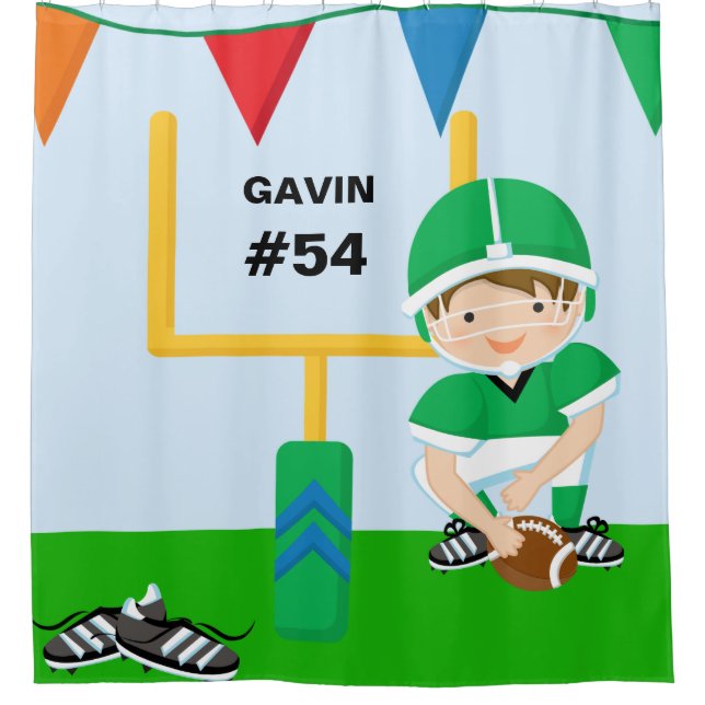 Personalized Name and Number Green Football Player Shower Curtain (Front)