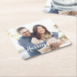 Personalized Name and Photo Square Paper Coaster<br><div class="desc">Personalize this Paper Coaster set with your favorite photo and your name centered near the bottom in a white script. If the text gets lost on your photo, click customize to make the text lighter, darker, or delete it for just the photo background. When you click customize, you can also...</div>