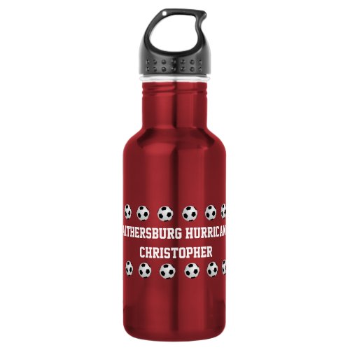 Personalized Name and Team Soccer Balls Red Water Bottle