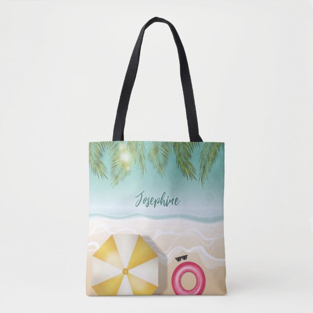 Personalized Name And Tropical Beach Palm Leaves Tote Bag (Front)
