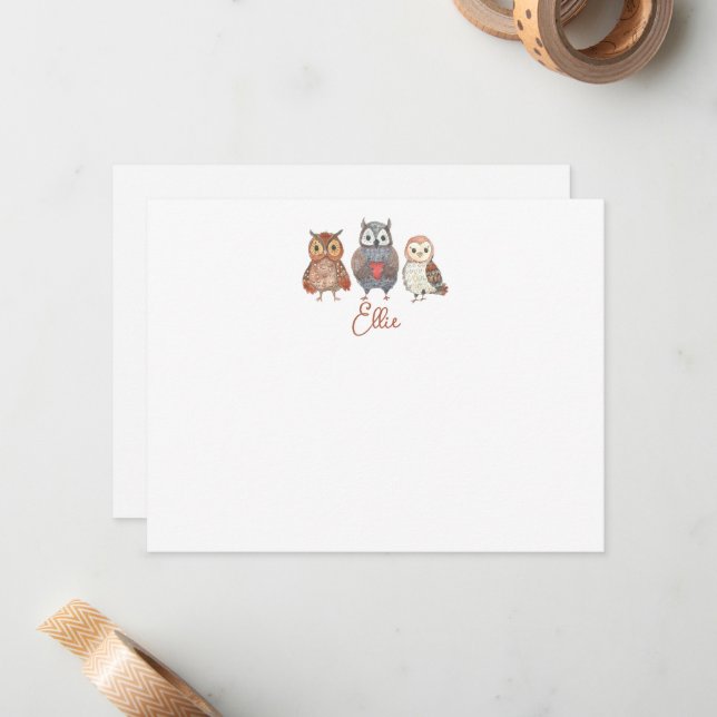 Personalized Name and Watercolor Owl  Note Card (Front/Back In Situ)