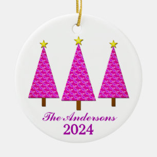 Personalized Name and Year Purple Christmas Trees Ceramic Ornament