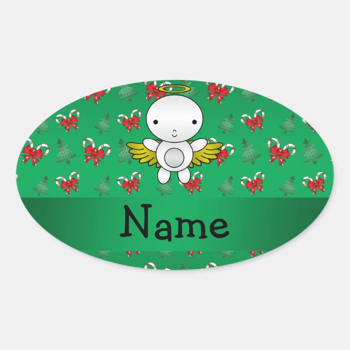Personalized name angel green candy canes bows oval stickers