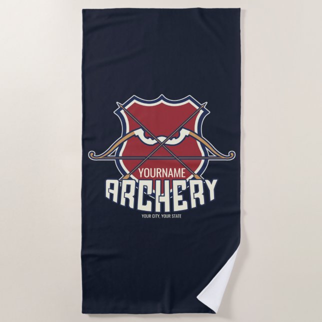 Personalized NAME Archery Sports Recurve Bow Arrow Beach Towel (Front)