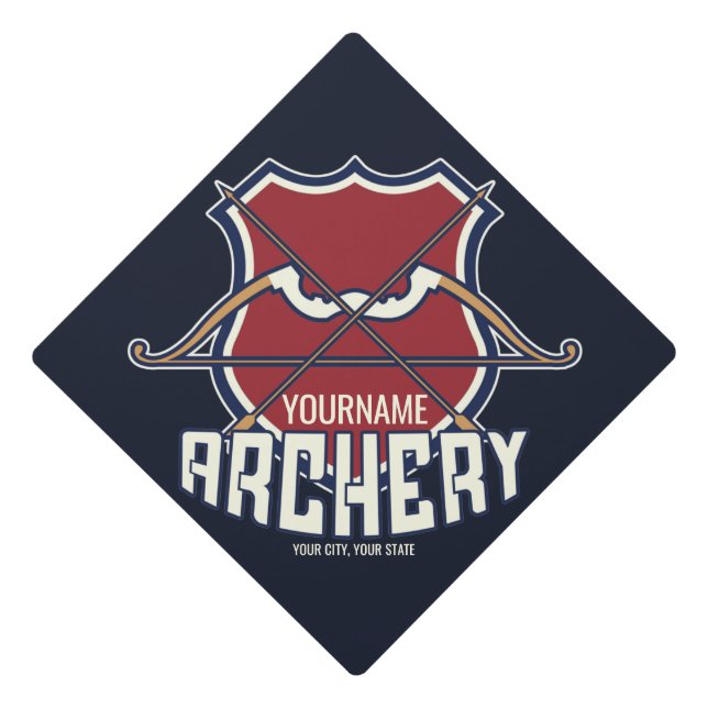 Personalized NAME Archery Sports Recurve Bow Arrow Graduation Cap Topper (Front)