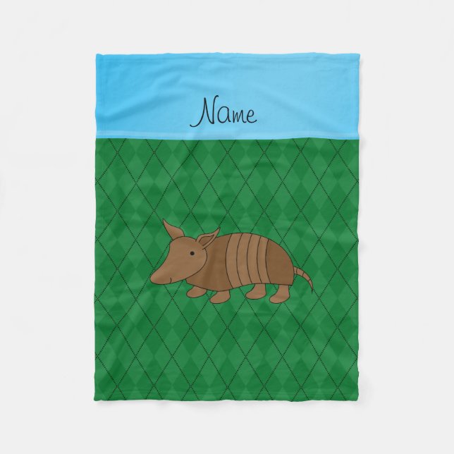 Personalized name armadillo green argyle fleece blanket (Front)
