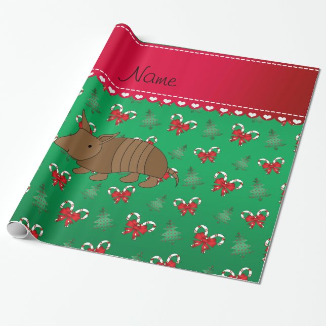 Personalized name armadillo green candy canes bows wrapping paper (Unrolled)