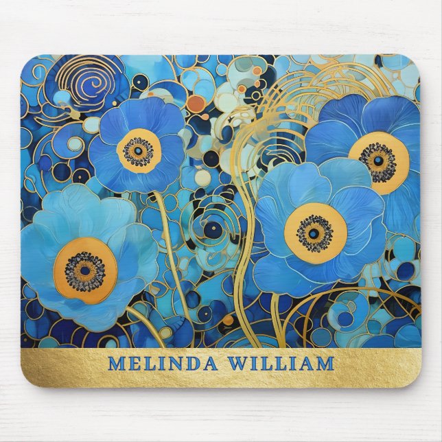 Personalized Name Art Blue Flowers Gold Abstract  Mouse Pad (Front)