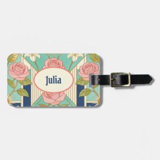Personalized Name Art Deco Pink Roses Floral Luggage Tag
