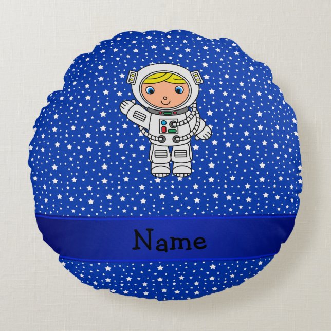 Personalized name astronaut blue stars round pillow (Front)