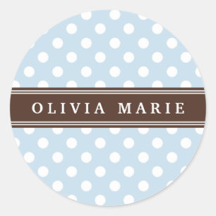 Personalized Name Baby Blue Polka Dots Pattern Classic Round Sticker