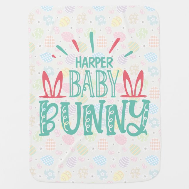 Personalized NAME Baby Bunny Butterfly Easter Eggs Baby Blanket (Front)