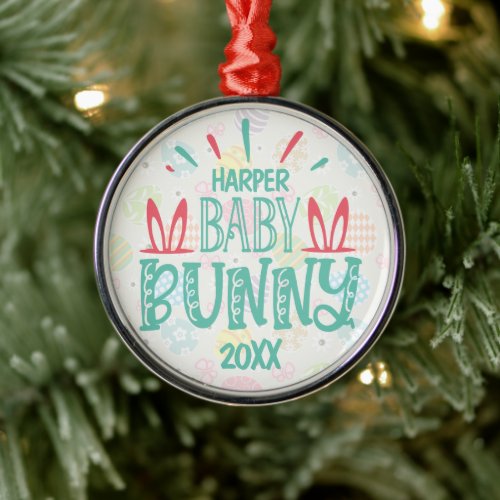 Personalized NAME Baby Bunny Butterfly Easter Eggs Metal Ornament