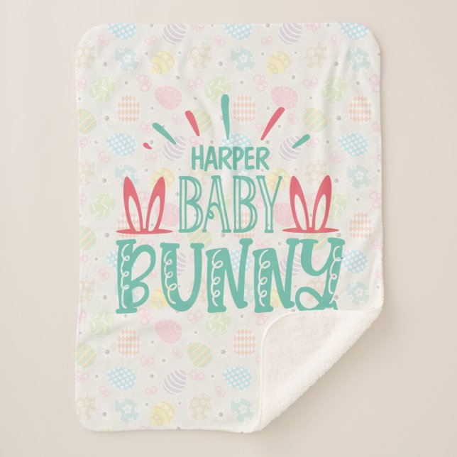 Personalized NAME Baby Bunny Butterfly Easter Eggs Sherpa Blanket (Front)