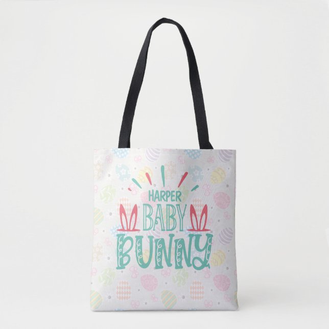 Personalized NAME Baby Bunny Butterfly Easter Eggs Tote Bag (Front)