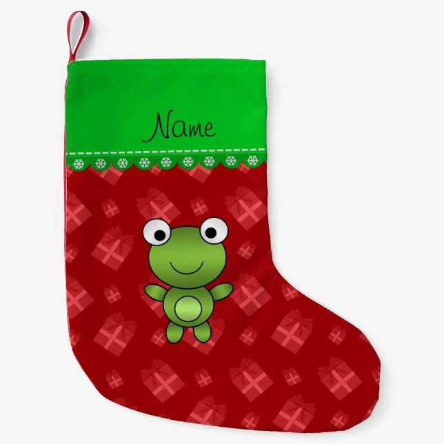 Personalized name baby frog red christmas presents small christmas stocking (Front)
