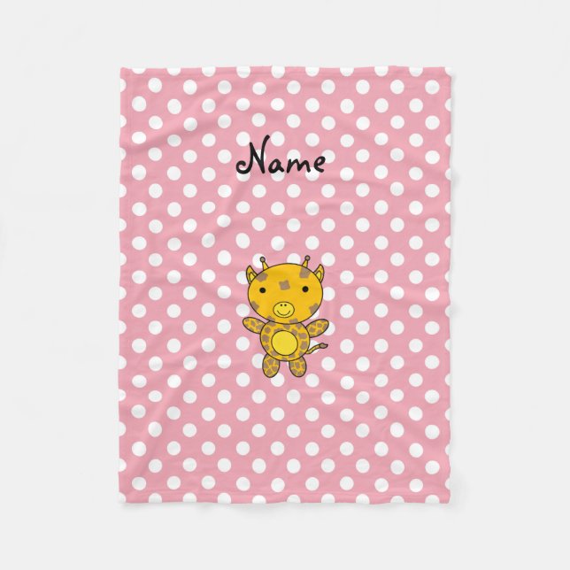 Personalized name baby giraffe pink polka dots fleece blanket (Front)