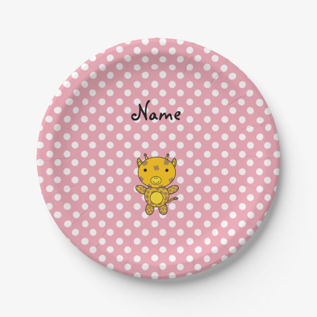 Personalized name baby giraffe pink polka dots paper plates (Front)