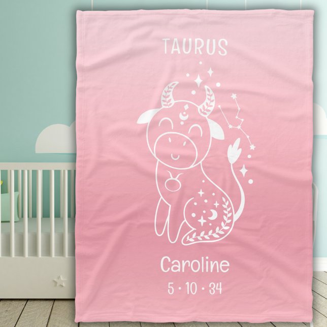 Personalized Name Baby Girl Taurus Zodiac Pink Fleece Blanket (Creator Uploaded)