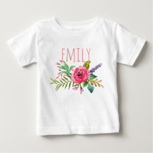 Personalized Name Baby Girl Watercolor Floral-2 Baby T-Shirt