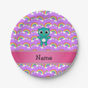 Personalized name baby owl purple rainbows paper plates