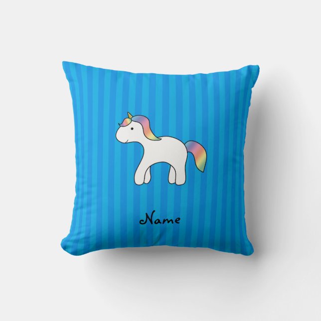 Personalized name baby unicorn blue stripes throw pillow (Front)
