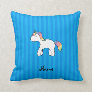 Personalized name baby unicorn blue stripes throw pillow