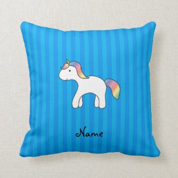 Personalized Name Baby Unicorn Blue Stripes Throw Pillow by Brothergravydesigns at Zazzle