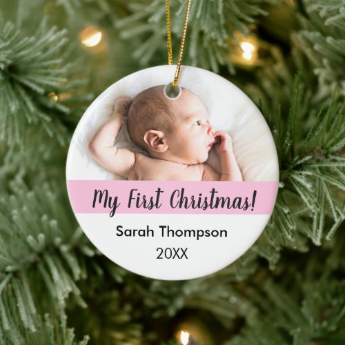 Personalized Name Babys First Christmas Photo Ceramic Ornament