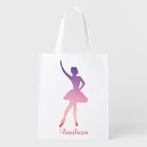 Personalized name ballerina in modern pink  grocery bag
