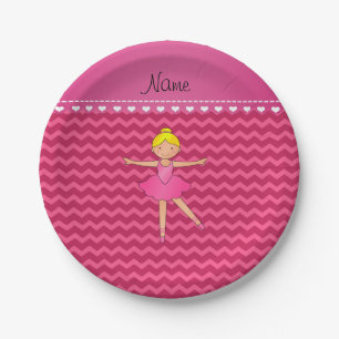 Personalized name ballerina pink chevrons paper plates