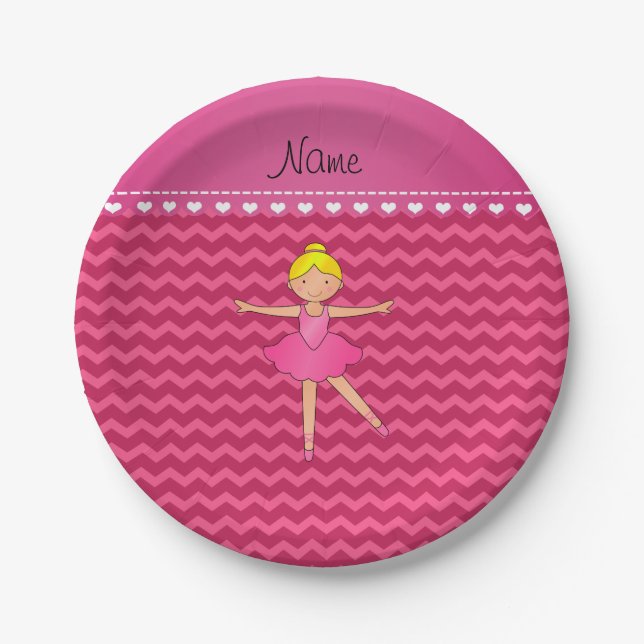 Personalized name ballerina pink chevrons paper plates (Front)