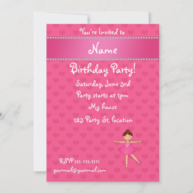 Personalized name ballerina pink hearts invitation (Front)