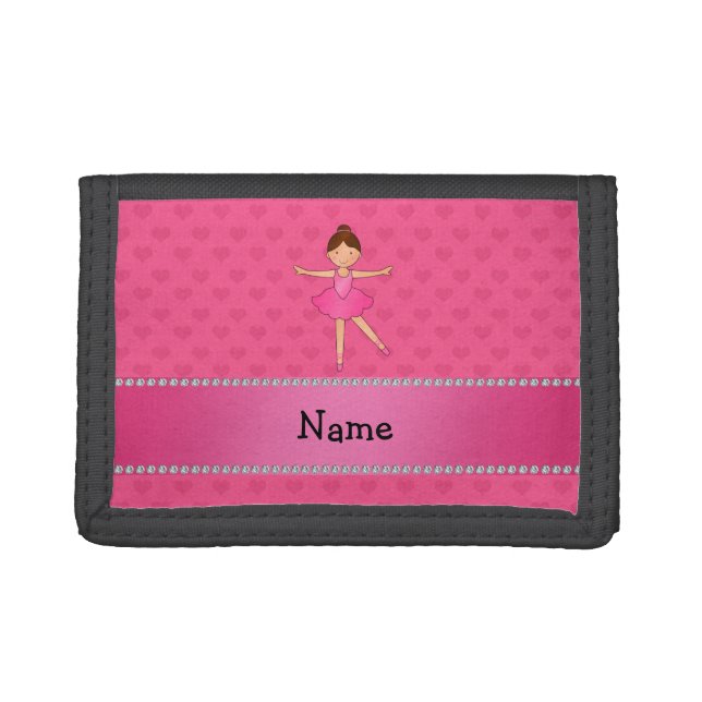 Personalized name ballerina pink hearts tri-fold wallet (Front)