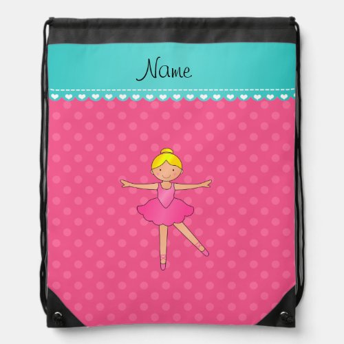 Personalized name ballerina pink polka dots drawstring bag