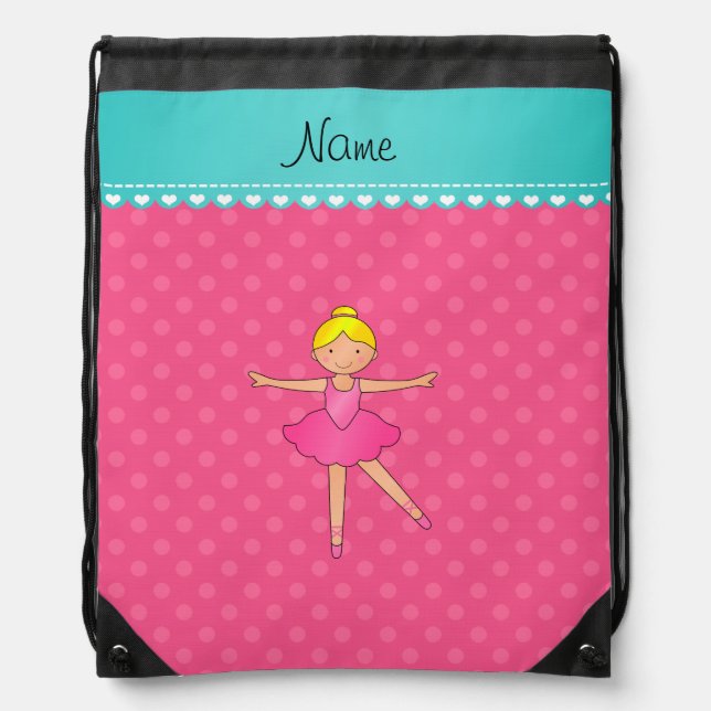 Personalized name ballerina pink polka dots drawstring bag (Front)