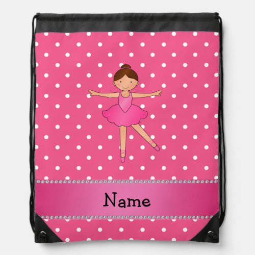 Personalized name ballerina pink white polka dots drawstring bag