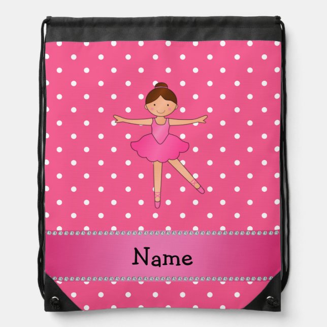 Personalized name ballerina pink white polka dots drawstring bag (Front)