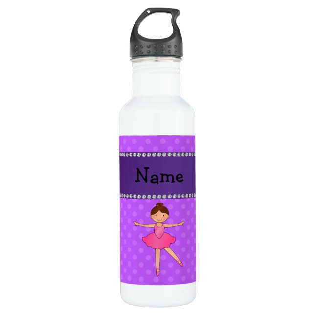 Personalized name ballerina purple polka dots water bottle (Front)