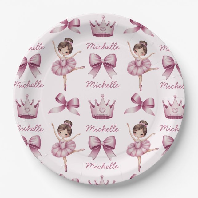 Personalized Name Ballet Ballerina Pink Pattern  Paper Plates (Front)