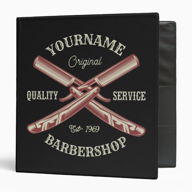 Personalized NAME Barber Straight Razor Barbershop 3 Ring Binder (Front/Inside)