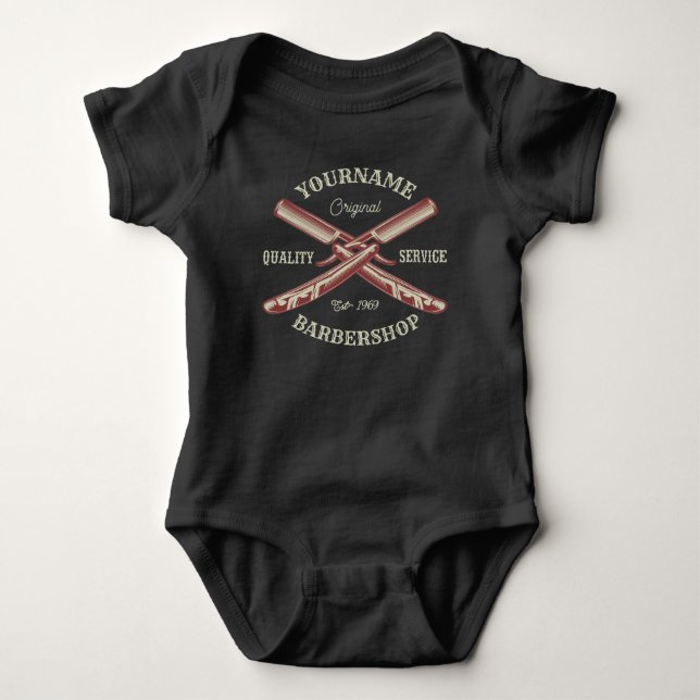 Personalized NAME Barber Straight Razor Barbershop Baby Bodysuit (Front)