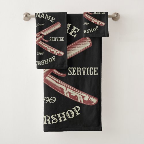 Personalized NAME Barber Straight Razor Barbershop Bath Towel Set