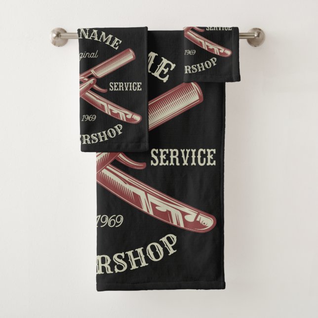 Personalized NAME Barber Straight Razor Barbershop Bath Towel Set (Insitu)