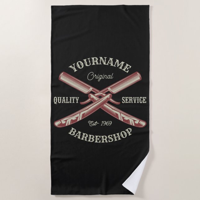 Personalized NAME Barber Straight Razor Barbershop Beach Towel (Front)