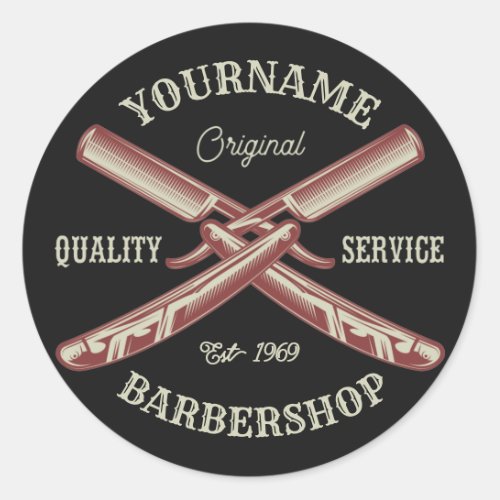 Personalized NAME Barber Straight Razor Barbershop Classic Round Sticker