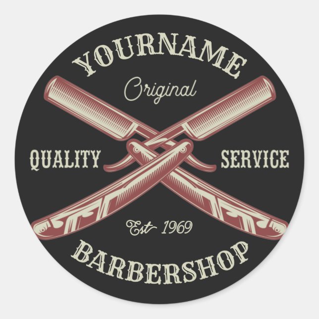 Personalized NAME Barber Straight Razor Barbershop Classic Round Sticker (Front)