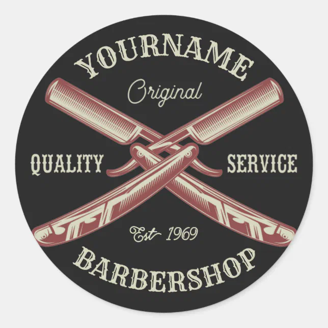Barber Razor Sticker Personalized NAME Barber Straight Razor Barbershop Classic Round ...