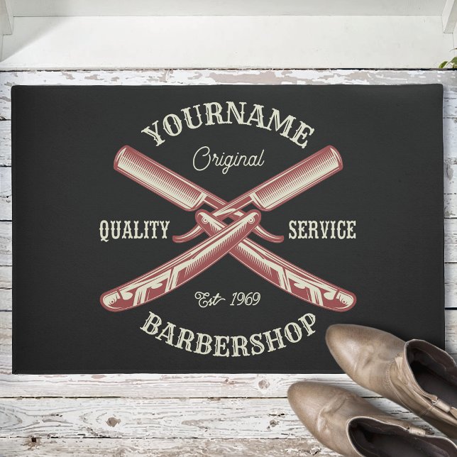 Personalized NAME Barber Straight Razor Barbershop Doormat (Creator Uploaded)