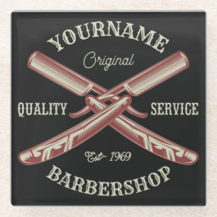 Personalized NAME Barber Straight Razor Barbershop Glass Coaster